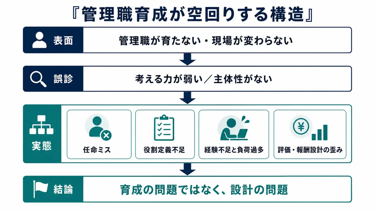 管理職が育たない原因を整理した図。表面上の問題として「管理職が育たない・現場が変わらない」、誤診として「考える力が弱い・主体性がない」、実態として「任命ミス」「役割定義不足」「経験不足と負荷過多」「評価・報酬設計の歪み」があり、結論として「育成の問題ではなく設計の問題」と示している。