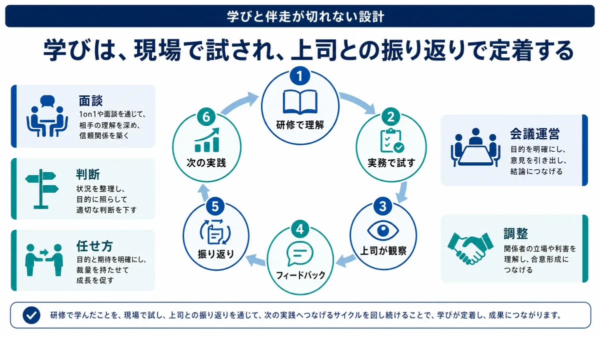 管理職育成における学習サイクルを示した図解。「研修で理解」から「実務で試す」「上司が観察」「フィードバック」「振り返り」「次の実践」へと循環し、周囲に「面談」「会議運営」「判断」「任せ方」「調整」といった実務場面が配置されている。