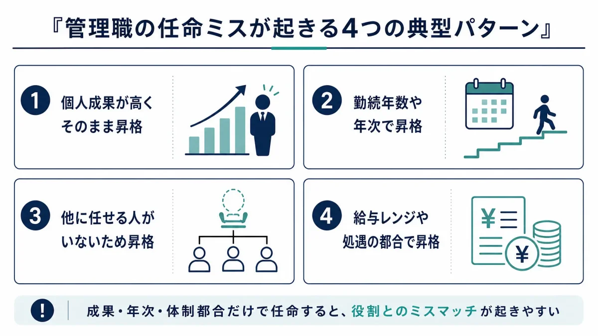 管理職の任命ミスが起きる4つの典型パターンを整理した図。個人成果が高くそのまま昇格、勤続年数や年次で昇格、他に任せる人がいないため昇格、給与レンジや処遇の都合で昇格、の4つを示している。
